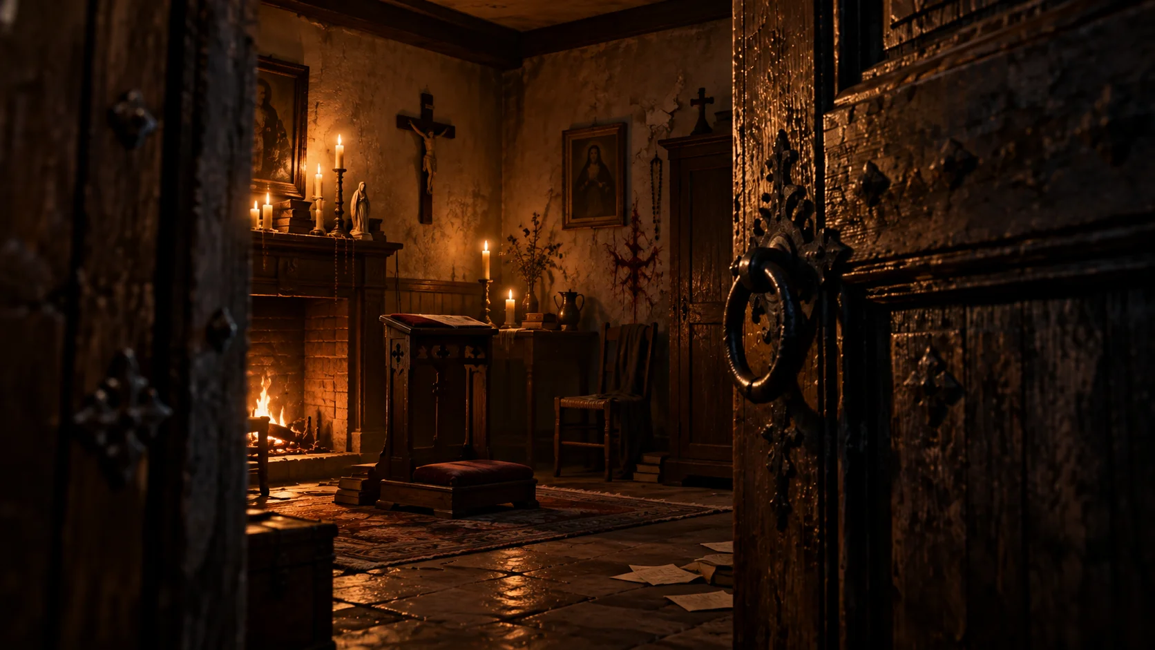 Habitación iluminada con velas, vista desde una antigua puerta de madera